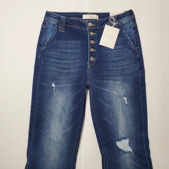 KanCan Sian High Rise Flare Jeans Dark Wash Size 11/29 Frayed Hem Bell Bottoms - Picture 7 of 14